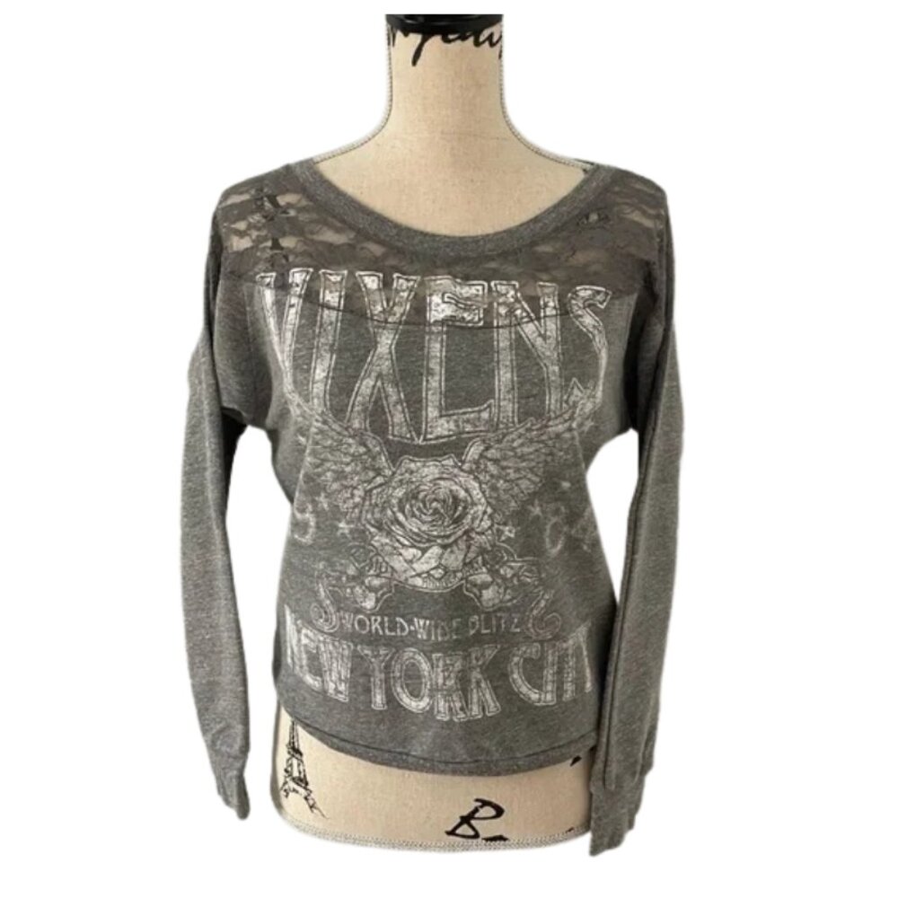 Stranded Vintage Y2K Distressed Graphic Sweatshirt with Lace Yoke Grey Size S